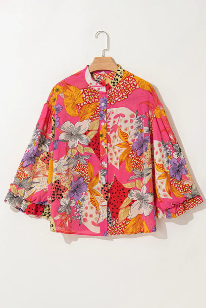 Red Abstract Floral Print Buttoned Ruffled Bubble Sleeve Shirt