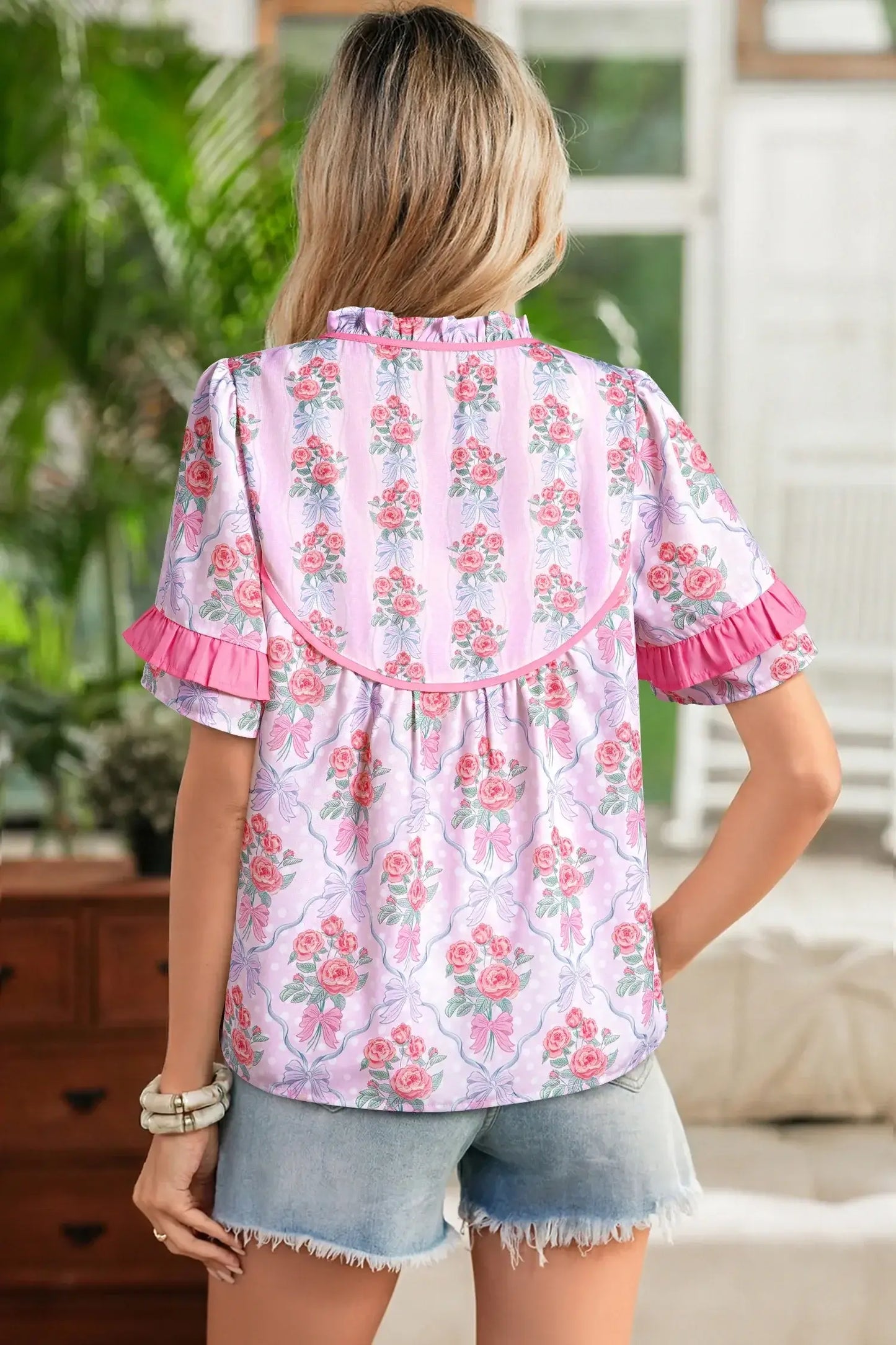 Purple Coquette Floral Bow Printed Contrast Ruffled Short Sleeve Blouse - Sweet Fashion Wholesale