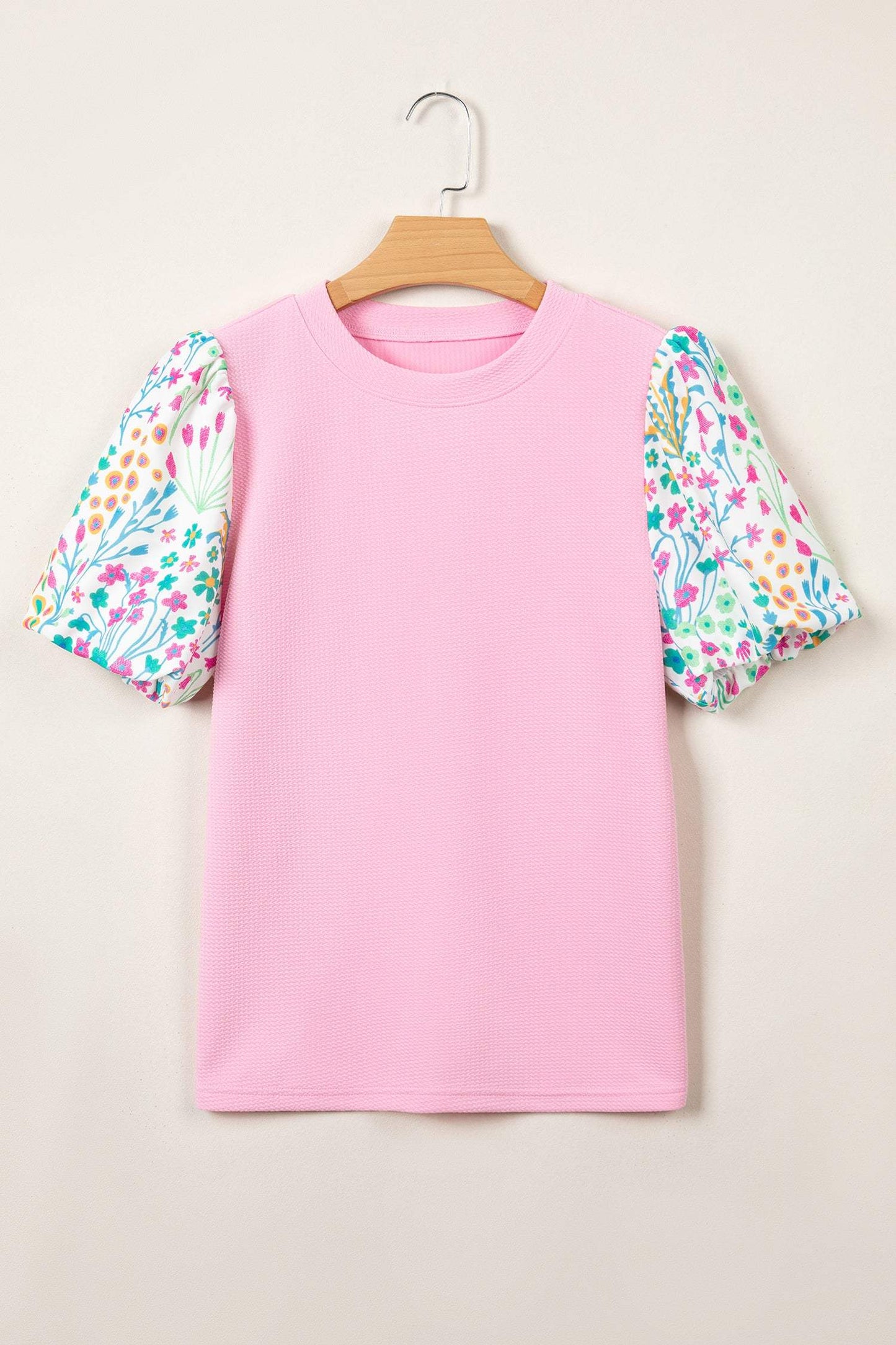 Pink Round Neck Textured Contrast Floral Bubble Sleeve Blouse