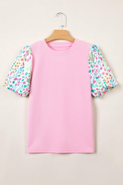 Pink Round Neck Textured Contrast Floral Bubble Sleeve Blouse