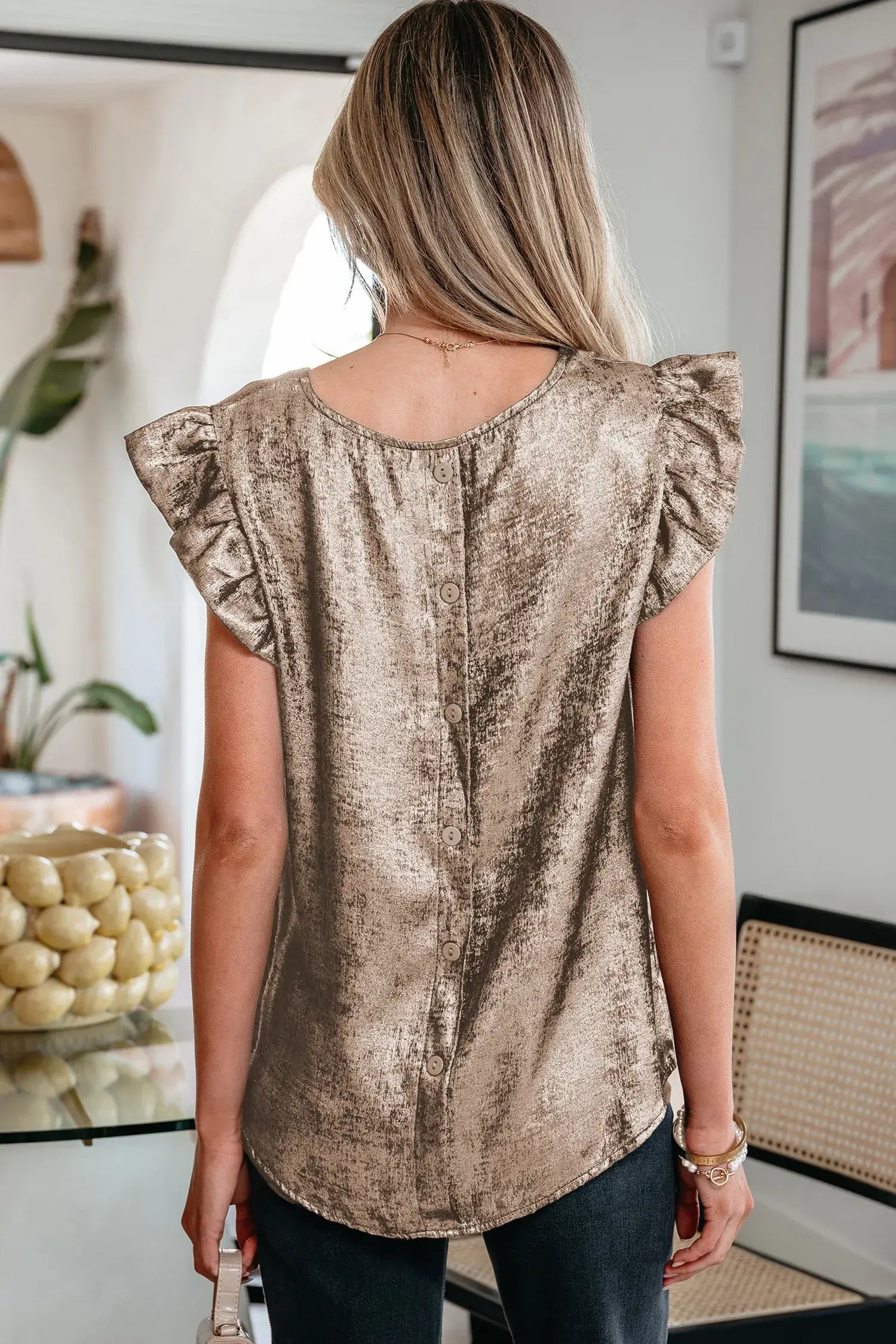 Gold Metallic Round Neck Ruffle Trim Sleeveless Top - Sweet Fashion Wholesale