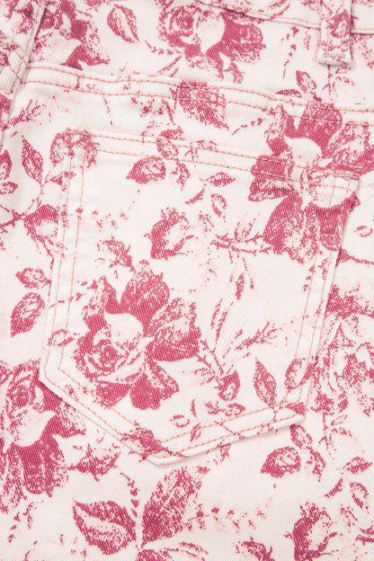 Pink Vintage Floral Print Denim Shift Pants - Sweet Fashion Wholesale