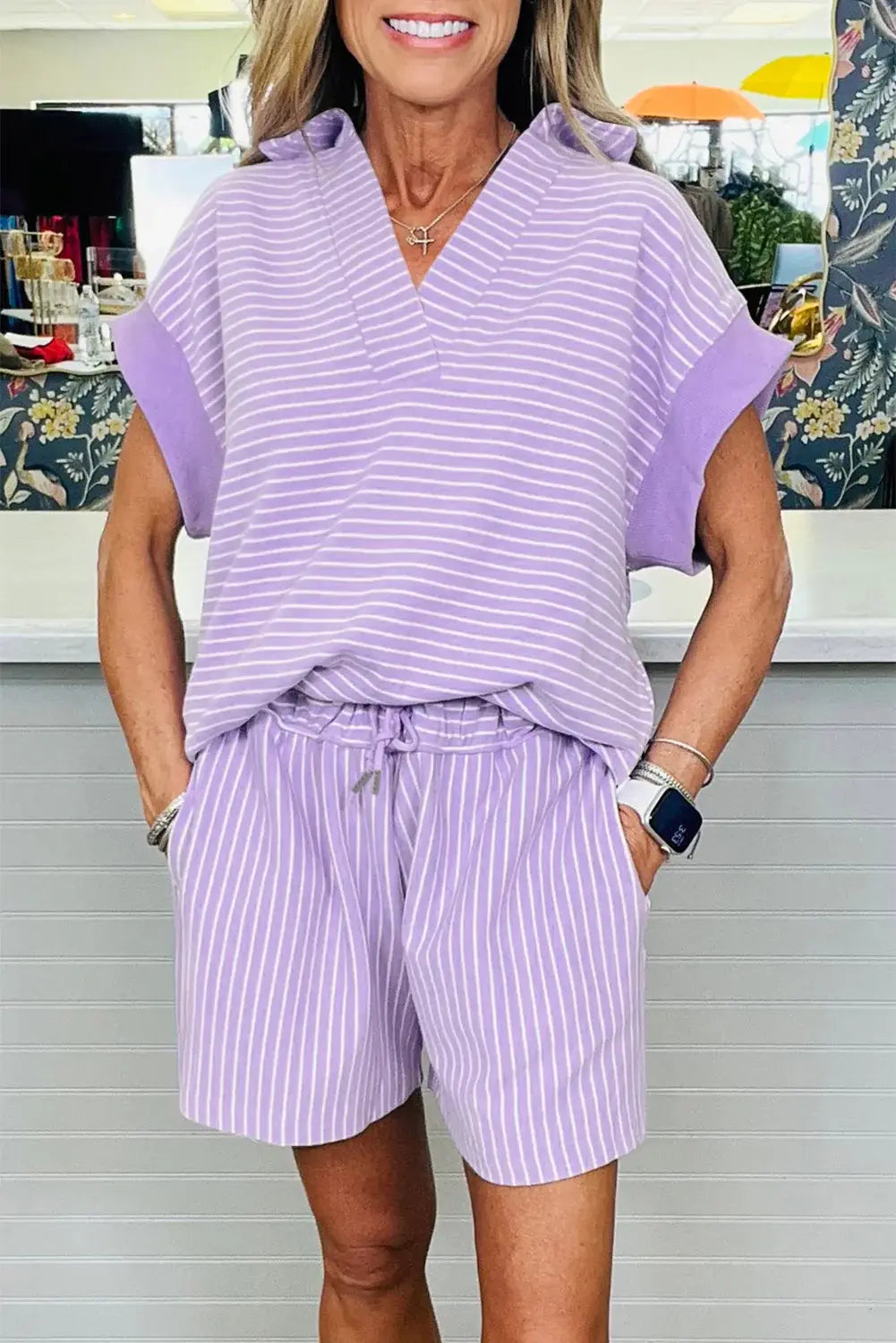 Khaki Stripe Dolman Sleeve Polo Shirt and Drawstring Shorts Set