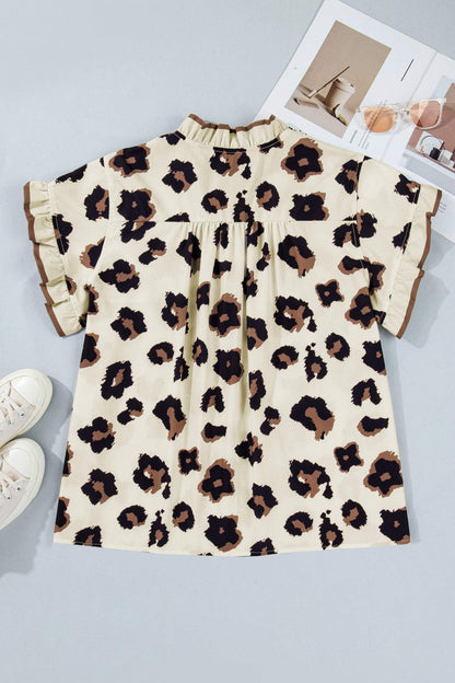 Khaki Plus Size Leopard Print Frilled Color Block Trim Button Down Short Sleeve Blouse