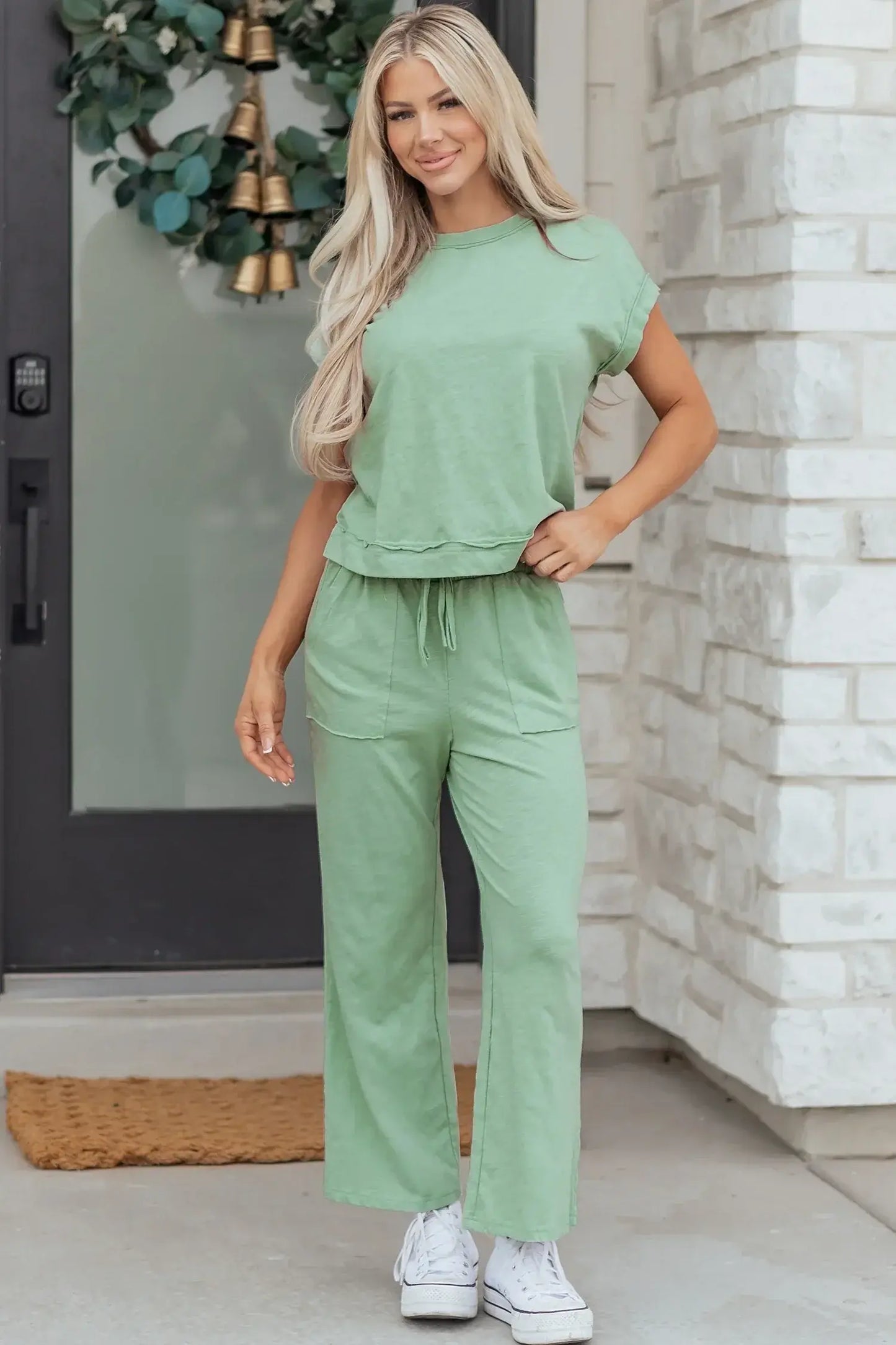 Canton Cuffed Short Sleeve Tee Raw Seam Patch Pocket Drawstring Pants Set - Sweet Fashion Wholesale