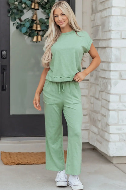 Canton Cuffed Short Sleeve Tee Raw Seam Patch Pocket Drawstring Pants Set - Sweet Fashion Wholesale