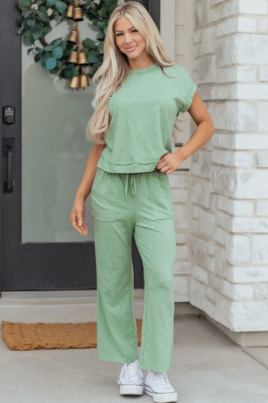 Canton Cuffed Short Sleeve Tee Raw Seam Patch Pocket Drawstring Pants Set - Sweet Fashion Wholesale