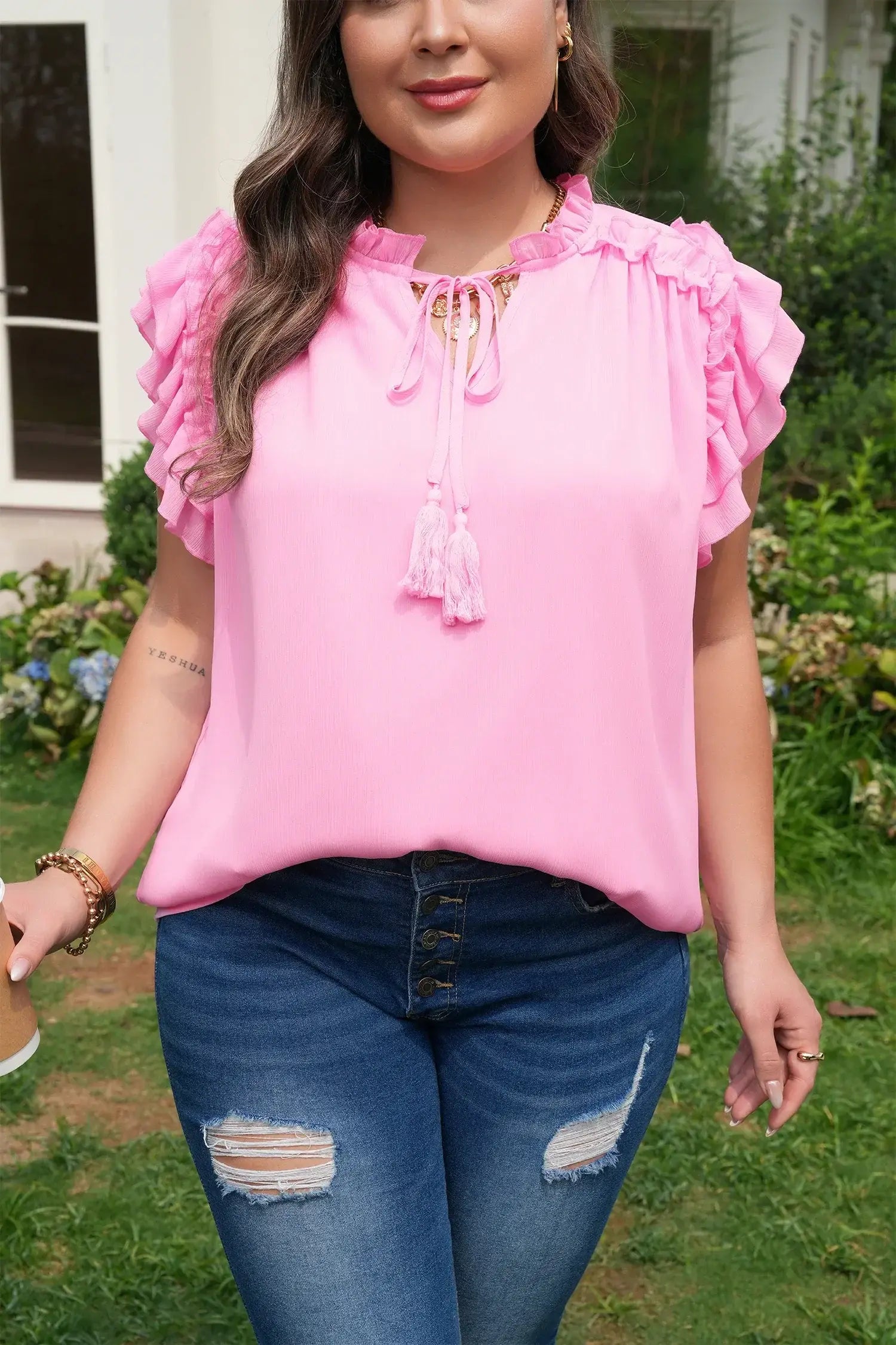 Bonbon Plus Size Textured Tassel Tie V Neck Ruffle Short Sleeve Blouse - Sweet Fashion Wholesale