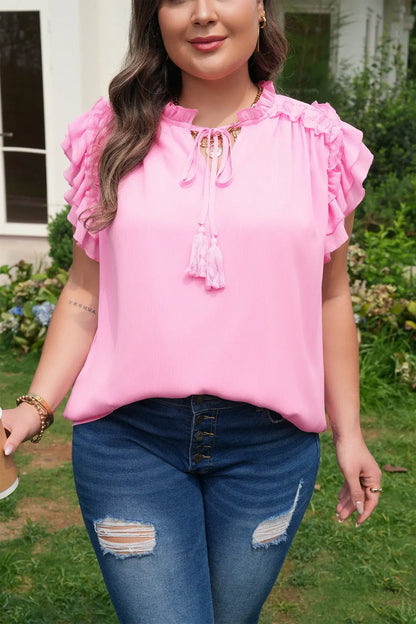 Bonbon Plus Size Textured Tassel Tie V Neck Ruffle Short Sleeve Blouse - Sweet Fashion Wholesale