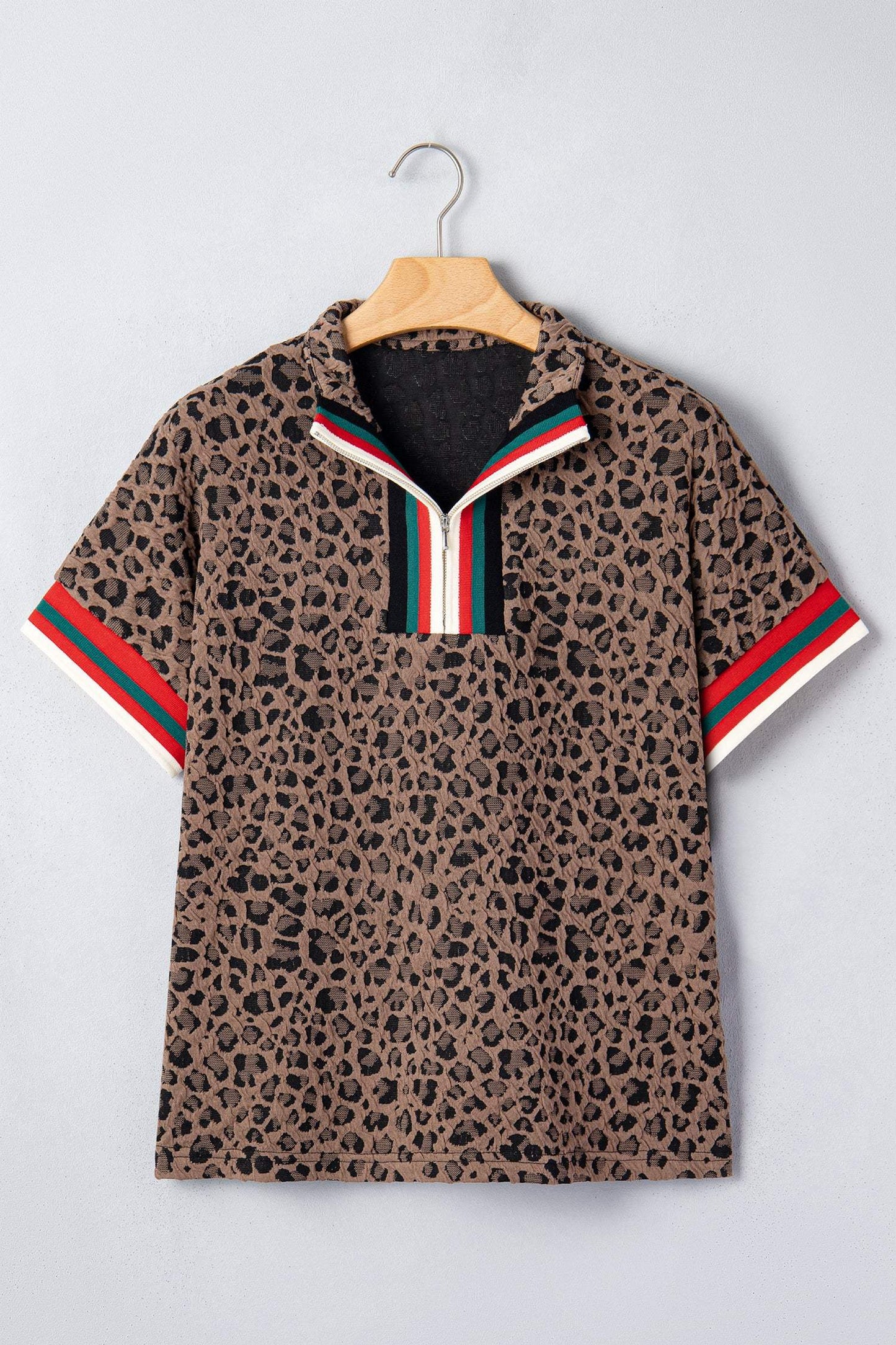 Brown Leopard Jacquard Striped Patchwork Half Zip Short Sleeve Blouse