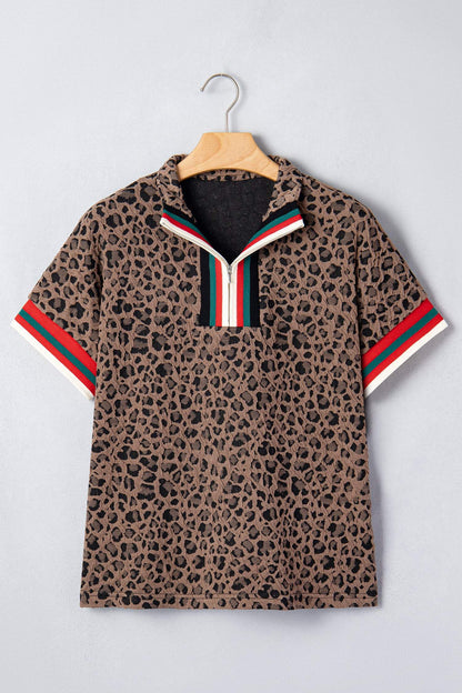 Brown Leopard Jacquard Striped Patchwork Half Zip Short Sleeve Blouse