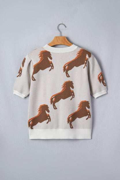 White Western Horse Printed Short Puff Sleeve Sweater