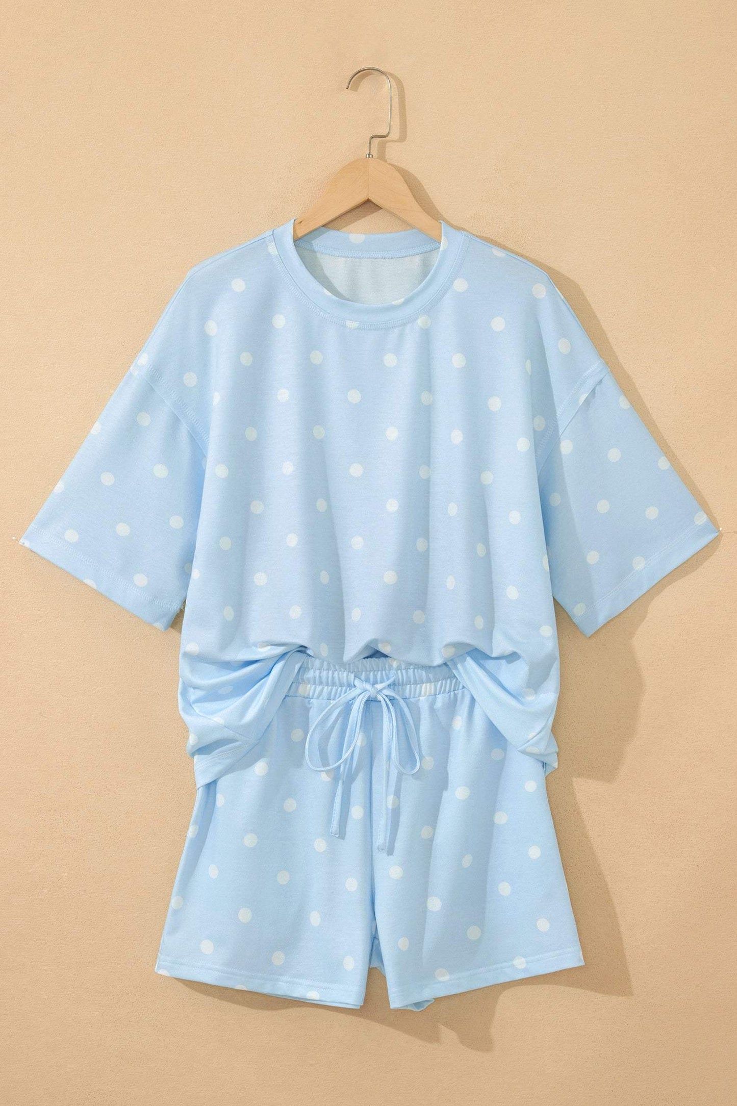 Yellow Exposed Seam Detail Polka Dot Loose Tee Drawstring Shorts Set