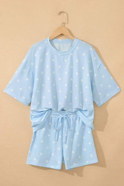 Yellow Exposed Seam Detail Polka Dot Loose Tee Drawstring Shorts Set
