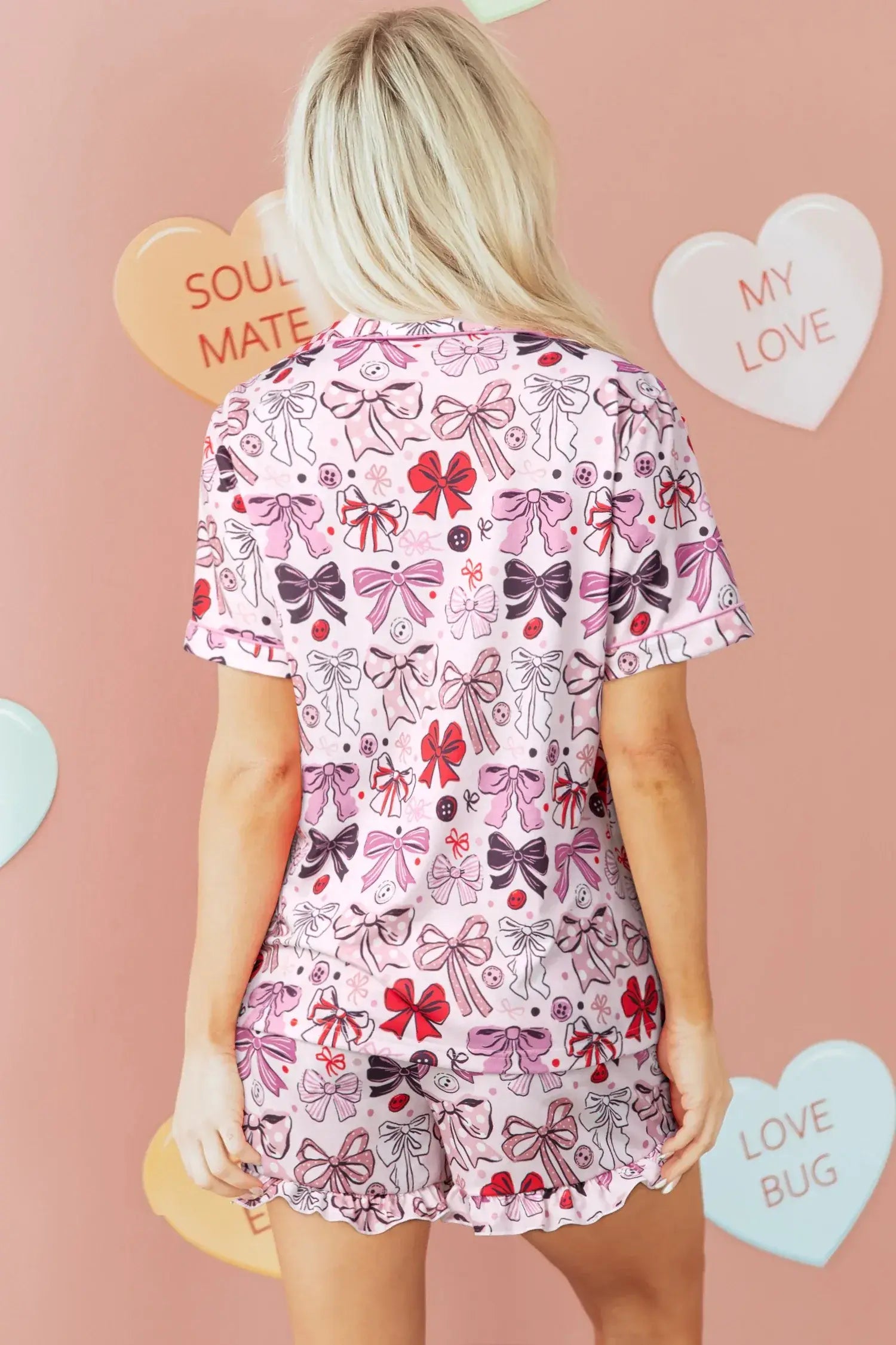 Pink Cute Ribbon Bows Printed 2pcs Short Pajama Set - Sweet Fashion Wholesale