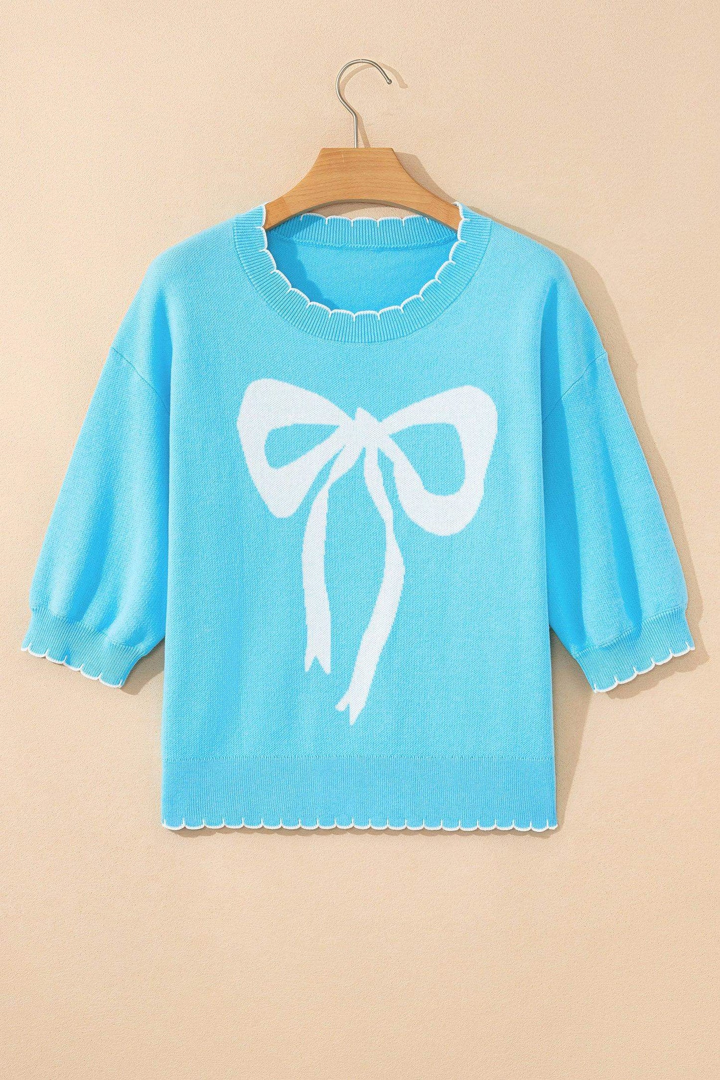 Light Blue Big Ribbon Bow Print Contrast Stitch Trim Drop Shoulder Sweater - Sweet Fashion Wholesale