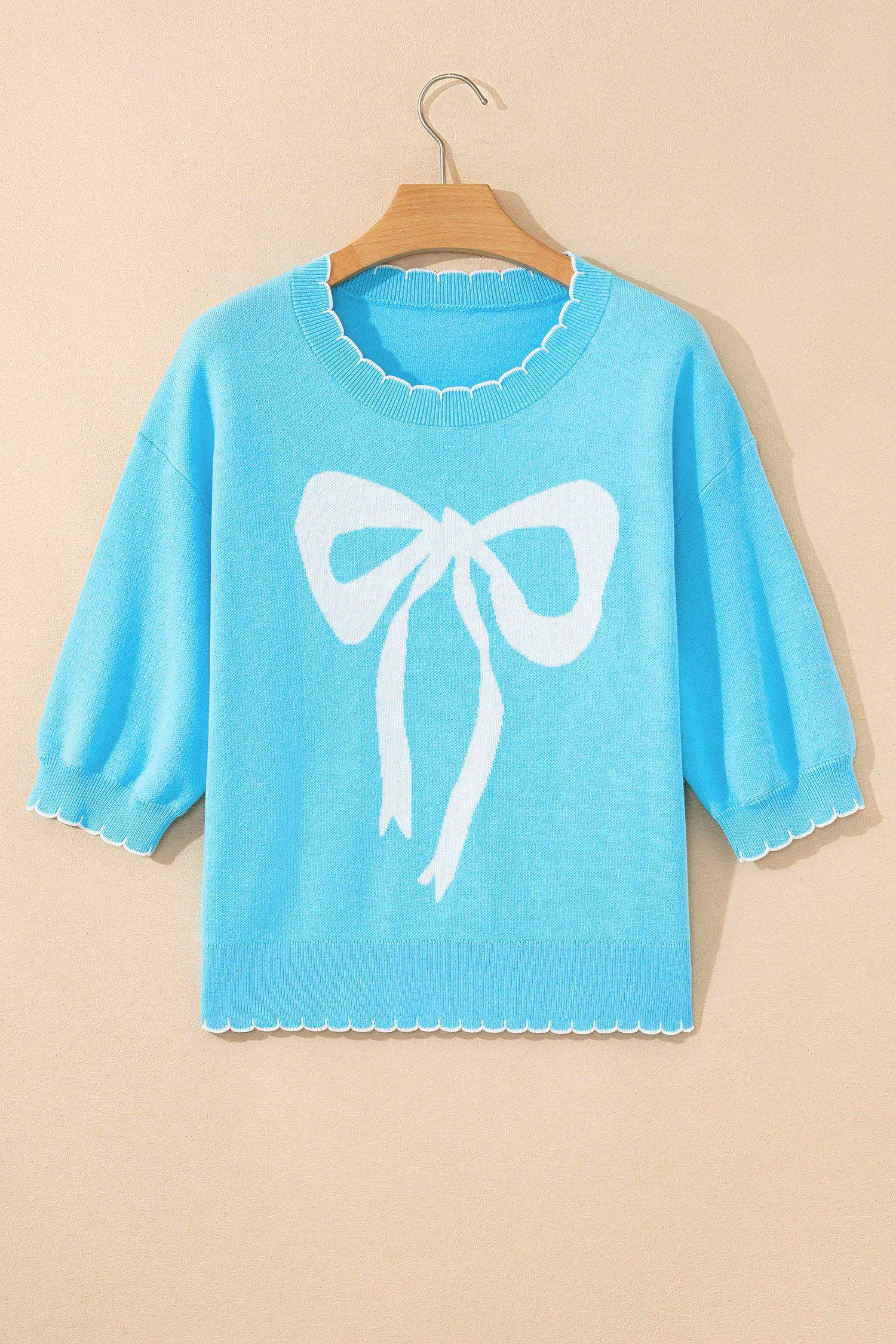 Light Blue Big Ribbon Bow Print Contrast Stitch Trim Drop Shoulder Sweater - Sweet Fashion Wholesale