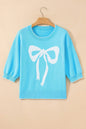 Light Blue Big Ribbon Bow Print Contrast Stitch Trim Drop Shoulder Sweater - Sweet Fashion Wholesale