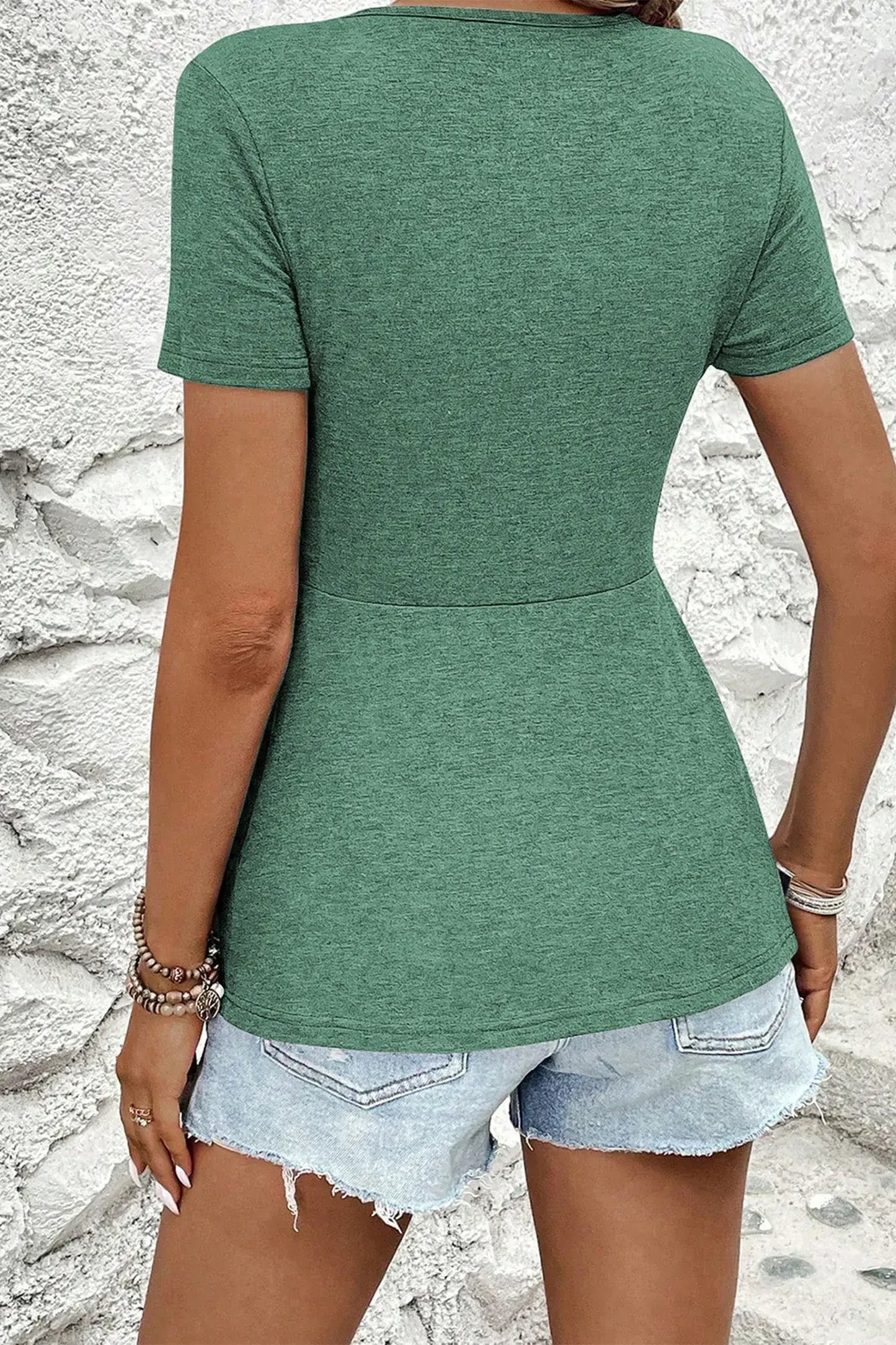 Sail Blue Twist Knot V Neck Short Sleeve Blouse