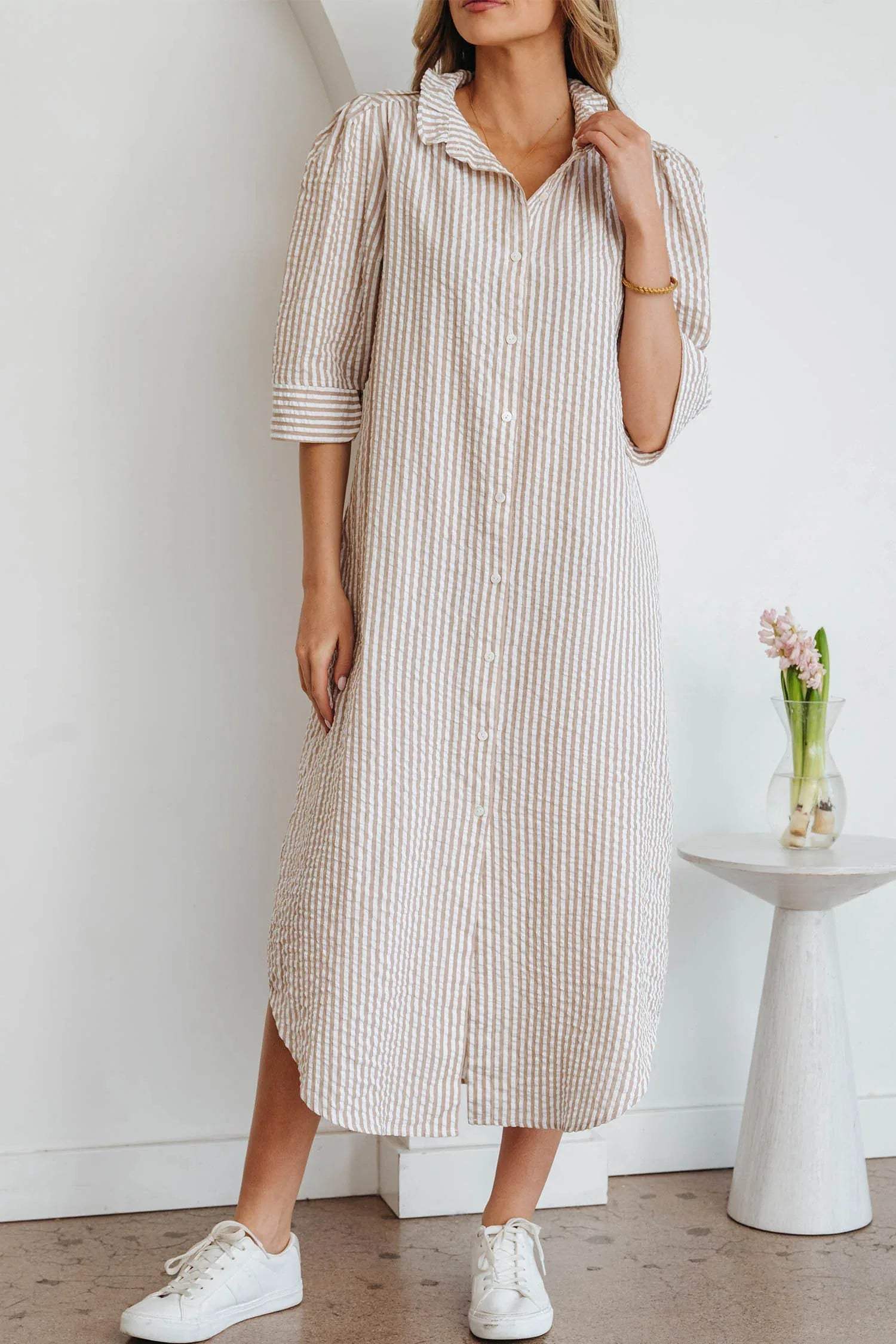 Khaki Stripe Frilled Collar Half Sleeve Shirt Maxi Dress - Sweet Fashion Wholesale
