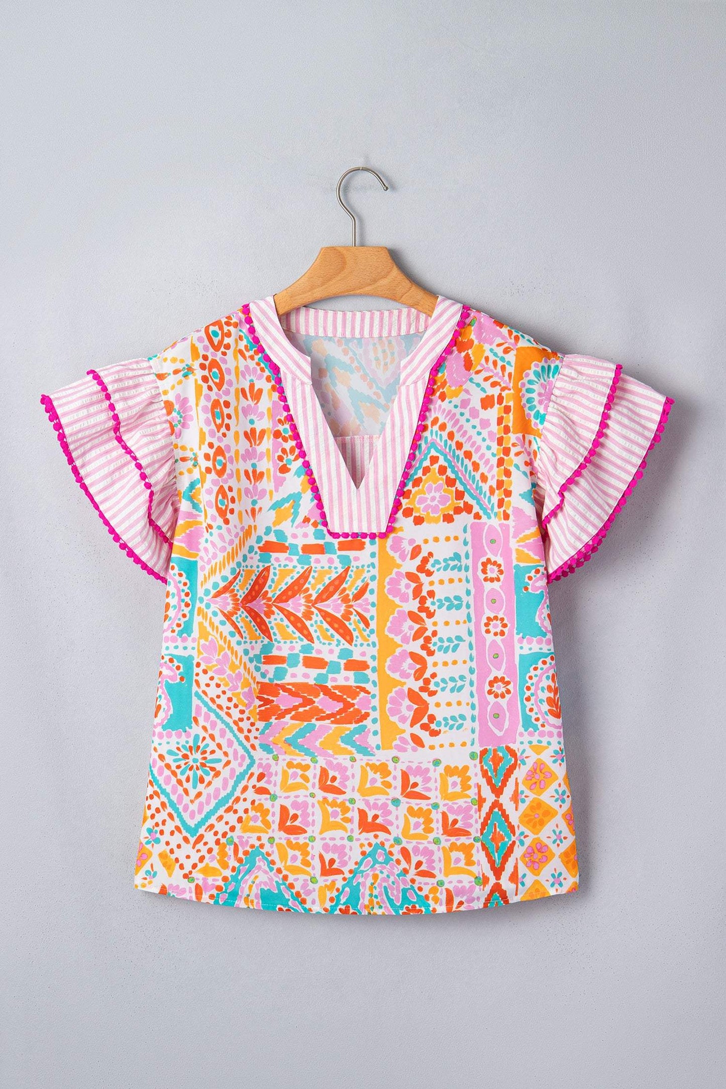 Rose Boho Mixed Print Contrast Trim Striped Patchwork Tiered Short Sleeve Blouse