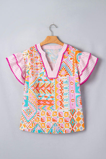 Rose Boho Mixed Print Contrast Trim Striped Patchwork Tiered Short Sleeve Blouse