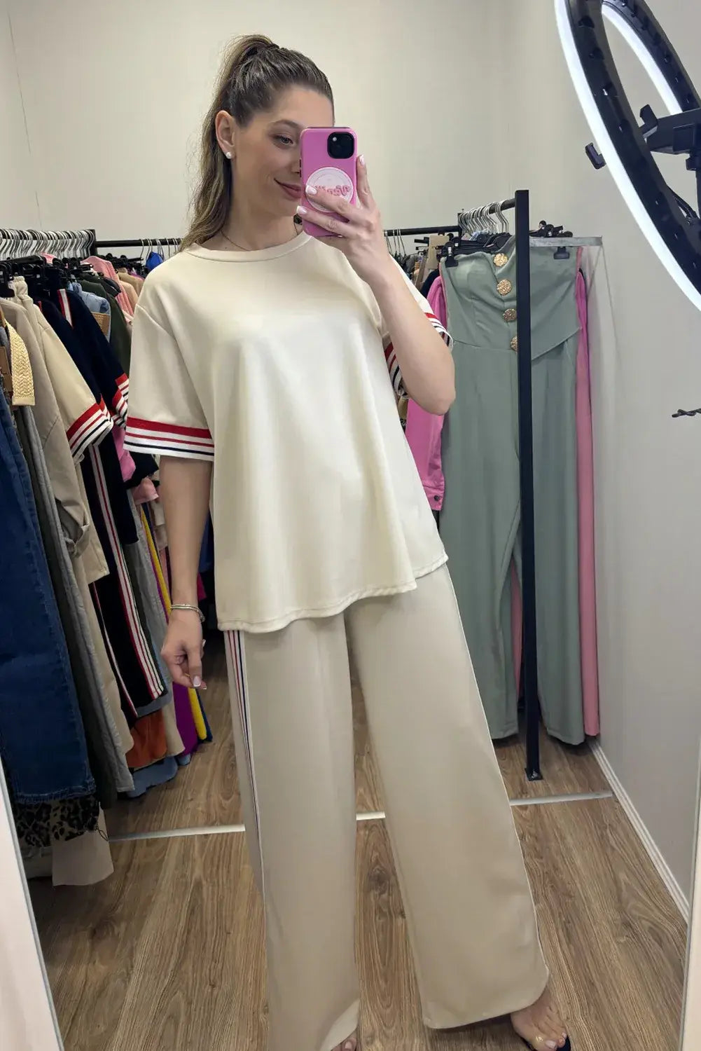 Jet Stream Contrast Striped Trim Crewneck T Shirt Loose Straight Pants Set - Sweet Fashion Wholesale