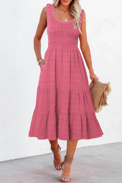 Black Shirred Pleated Square Neck Sleeveless Midi Dress - Sweet Fashion Wholesale