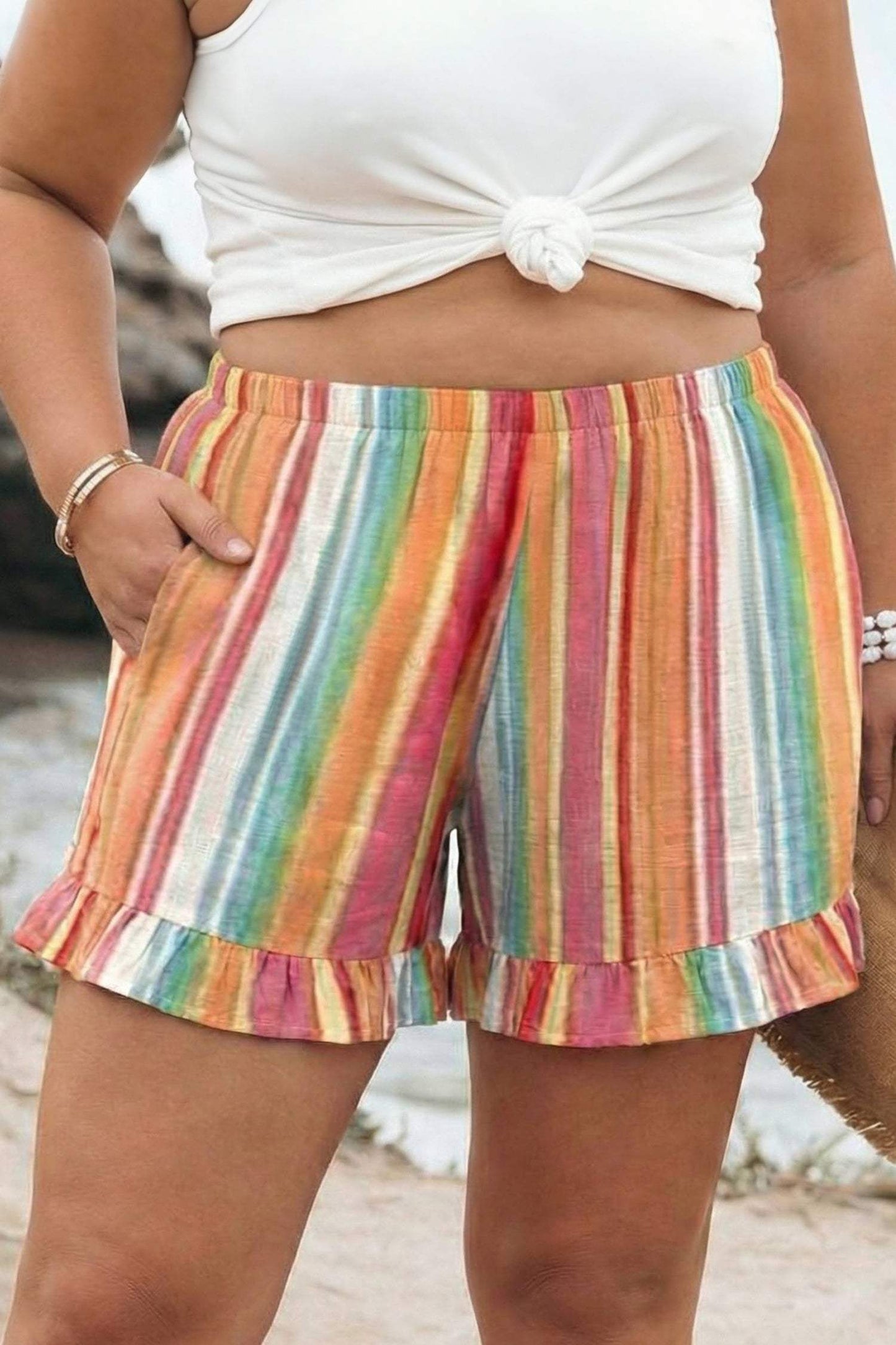 Orange Stripe Plus Size Elastic Waist Ruffle Hem Shorts