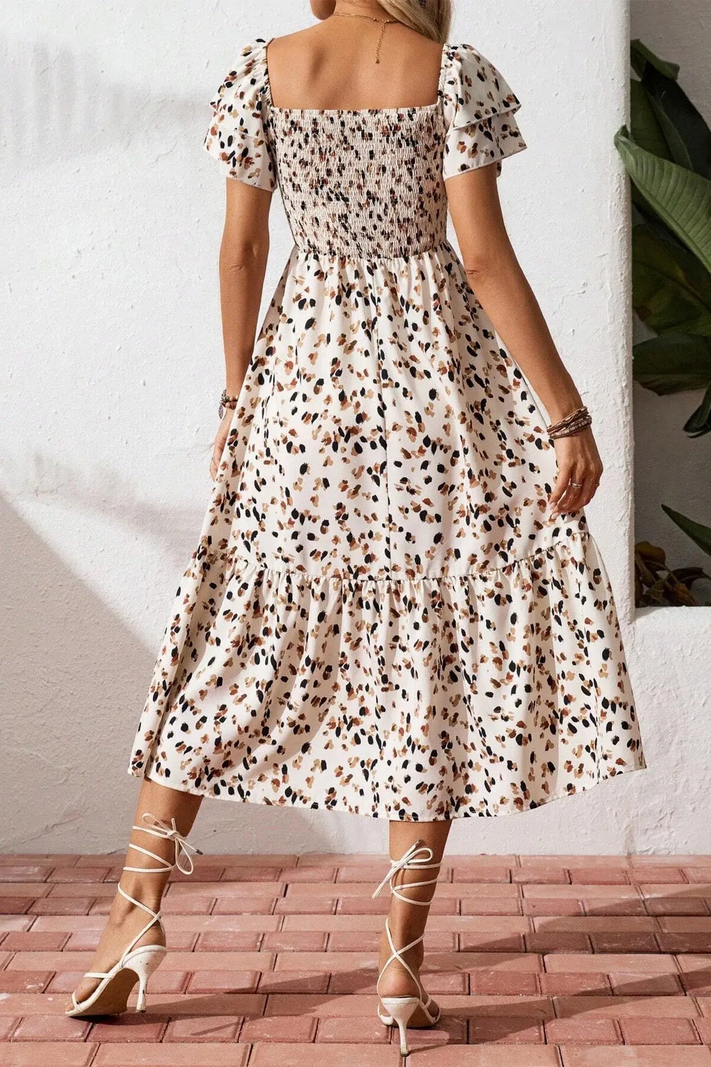 Beige Ditsy Floral Print Smocked Square Neck Ruffle Short Sleeve Dress - Sweet Fashion Wholesale