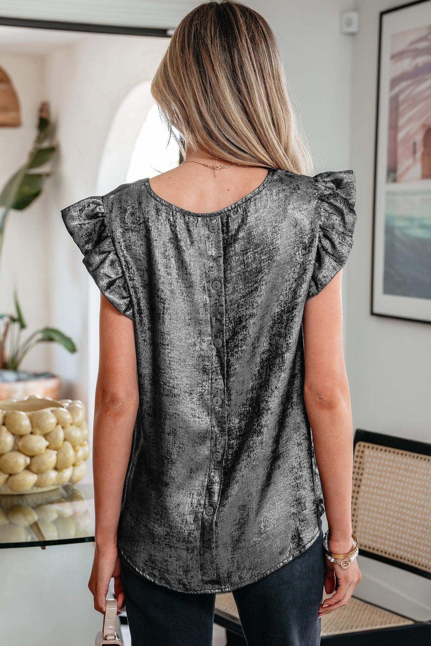 Gold Metallic Round Neck Ruffle Trim Sleeveless Top - Sweet Fashion Wholesale