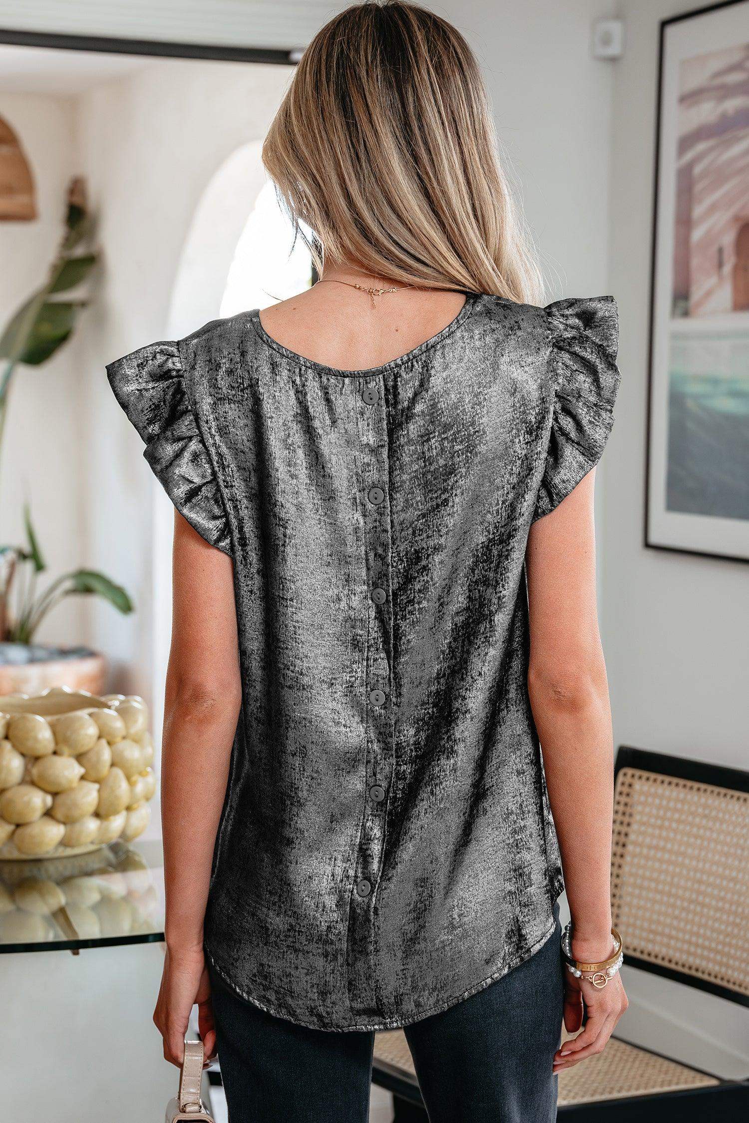 Gold Metallic Round Neck Ruffle Trim Sleeveless Top - Sweet Fashion Wholesale