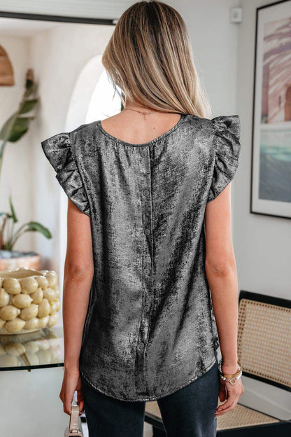 Gold Metallic Round Neck Ruffle Trim Sleeveless Top - Sweet Fashion Wholesale
