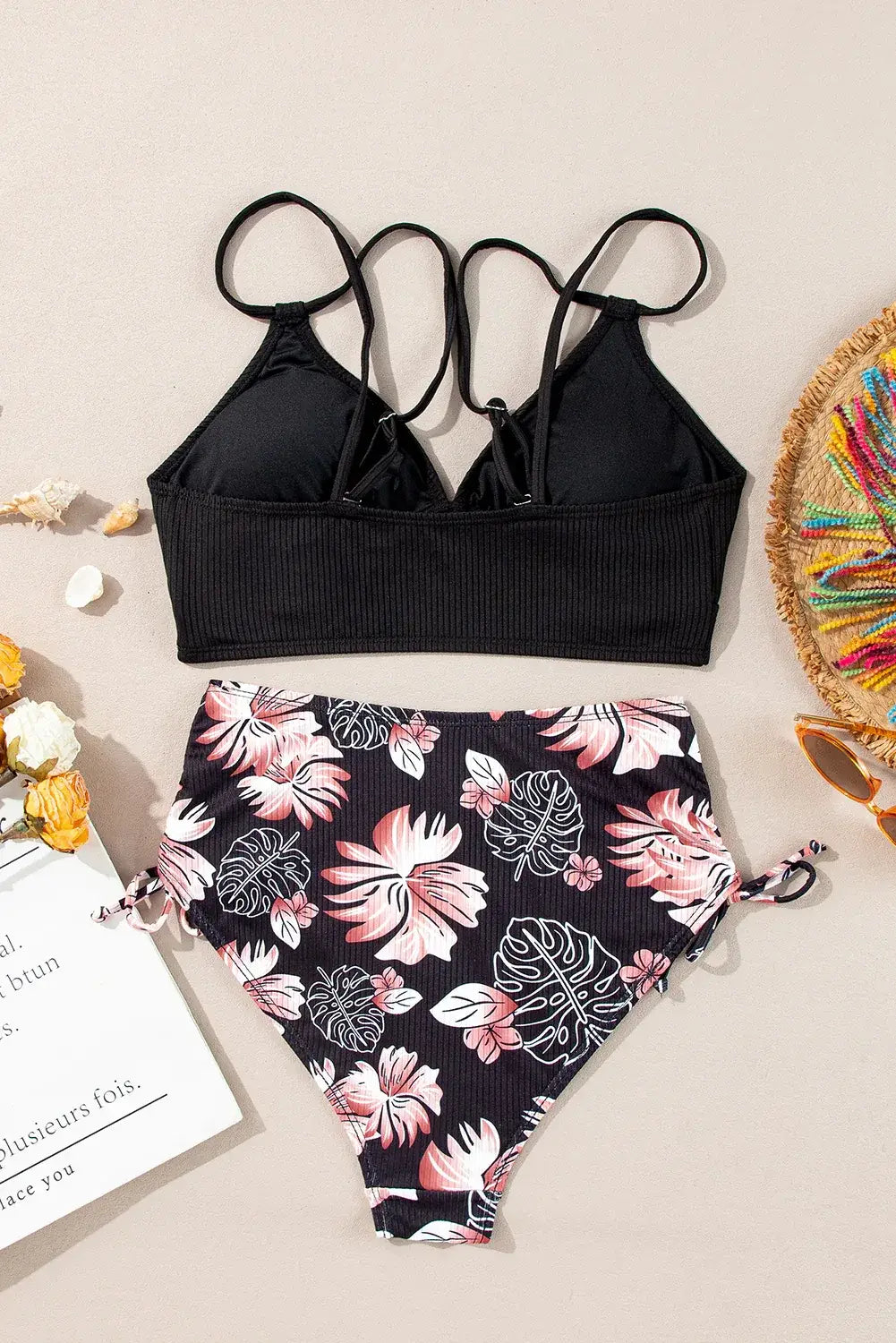 Black Ribbed Knit High Waist 2pcs Bikini Swimsuit - Sweet Fashion Wholesale