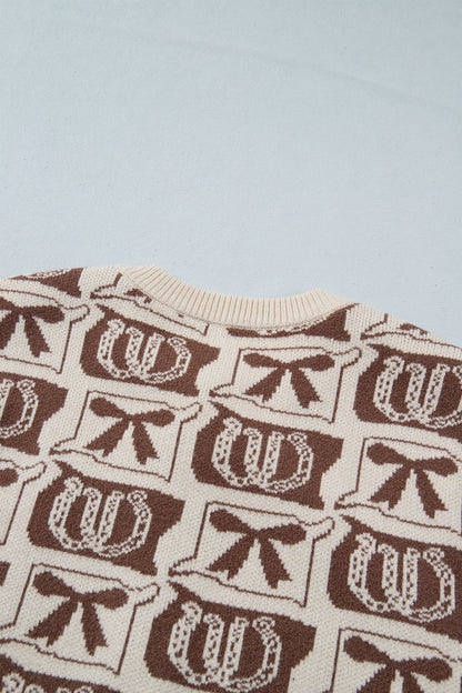 Brown Western Horseshoe Bow Pattern Button Front Sleeveless Knit Sweater