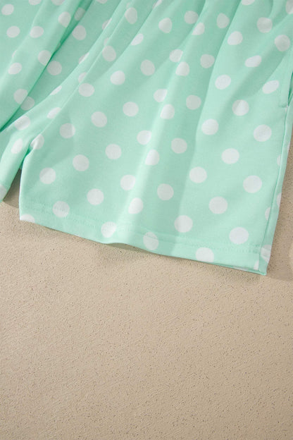 Green Polka Dot Print Color Block Trim Mock Neck Short Set