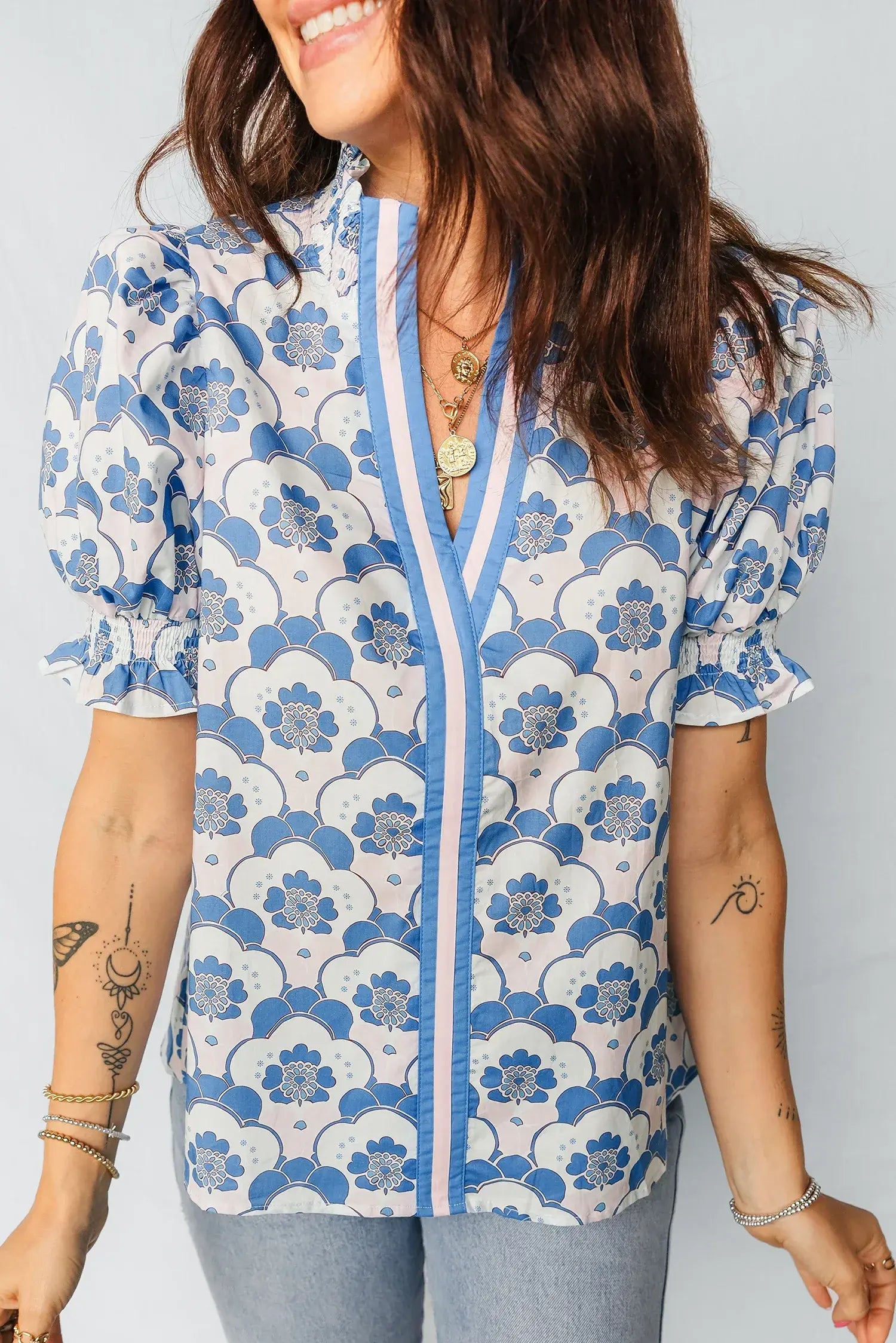 Sky Blue Floral Print Flounced Short Sleeve Contrast Trim V Neck Blouse - Sweet Fashion Wholesale