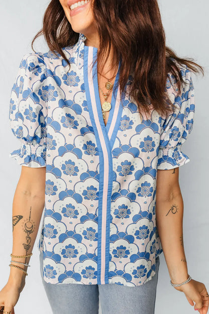 Sky Blue Floral Print Flounced Short Sleeve Contrast Trim V Neck Blouse - Sweet Fashion Wholesale