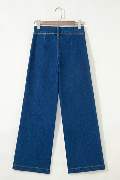 Sail Blue Hardware Decor Patched Pockets Wide Leg Denim Pants - Sweet Fashion Wholesale