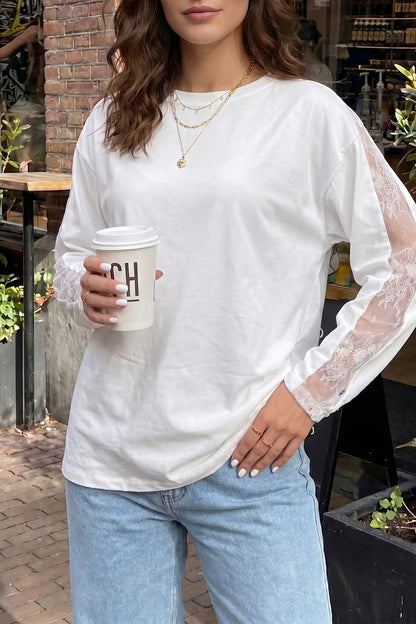 White Lace Patchwork Round Neck Casual Long Sleeve Top