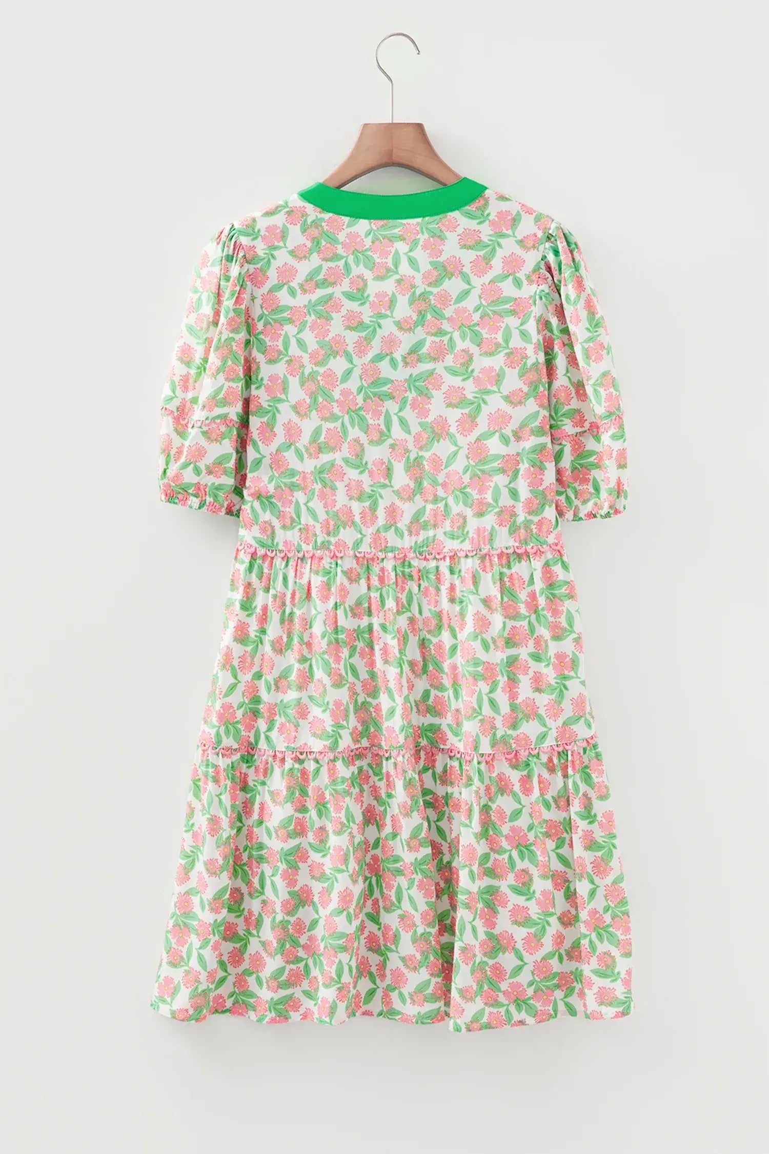 Green Contrast Neckline Ricrac Trim Floral Short Puff Sleeve Dress - Sweet Fashion Wholesale