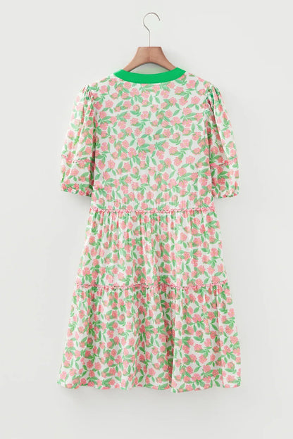 Green Contrast Neckline Ricrac Trim Floral Short Puff Sleeve Dress - Sweet Fashion Wholesale