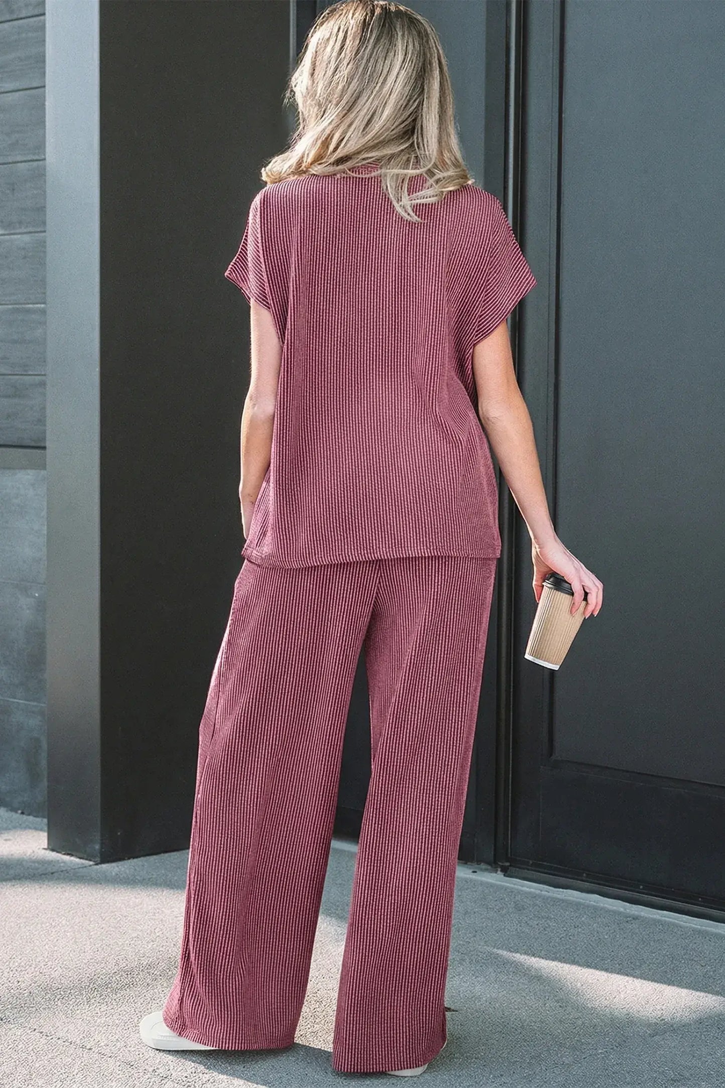 Dark Grey Twisted Ribbed High Neck Loose Tee Elastic High Waist Loose Pant Set - Sweet Fashion Wholesale
