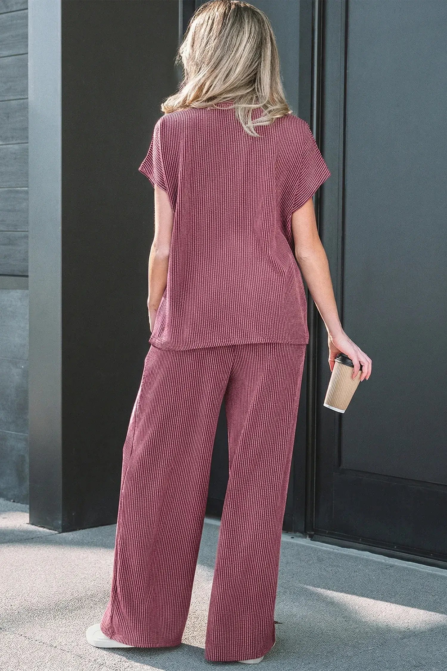 Dark Grey Twisted Ribbed High Neck Loose Tee Elastic High Waist Loose Pant Set - Sweet Fashion Wholesale