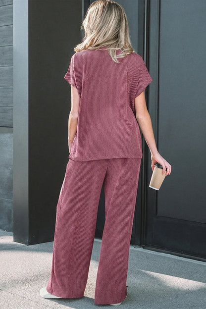 Dark Grey Twisted Ribbed High Neck Loose Tee Elastic High Waist Loose Pant Set - Sweet Fashion Wholesale