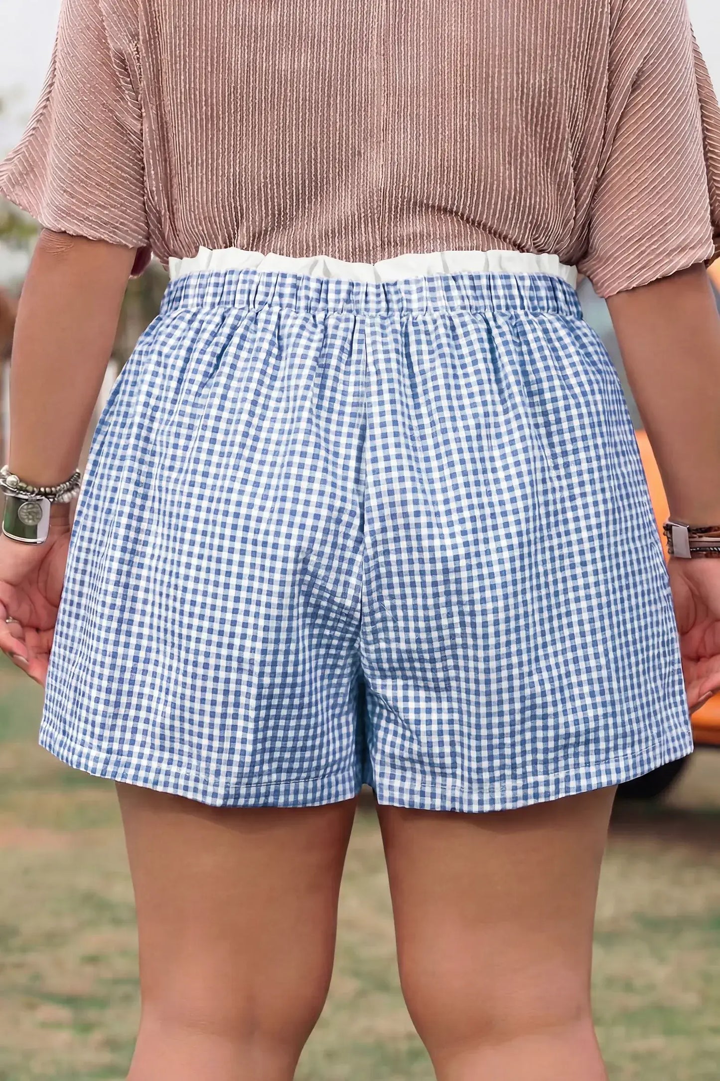Red Contrast Trim Plaid Print Plus Size Shorts - Sweet Fashion Wholesale