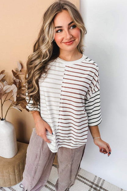 Pink Stripe Colorblock 3/4 Sleeve Loose T Shirt