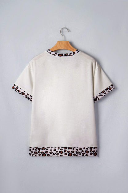 White Ribbed Leopard Patchwork Uneven Hem T Shirt