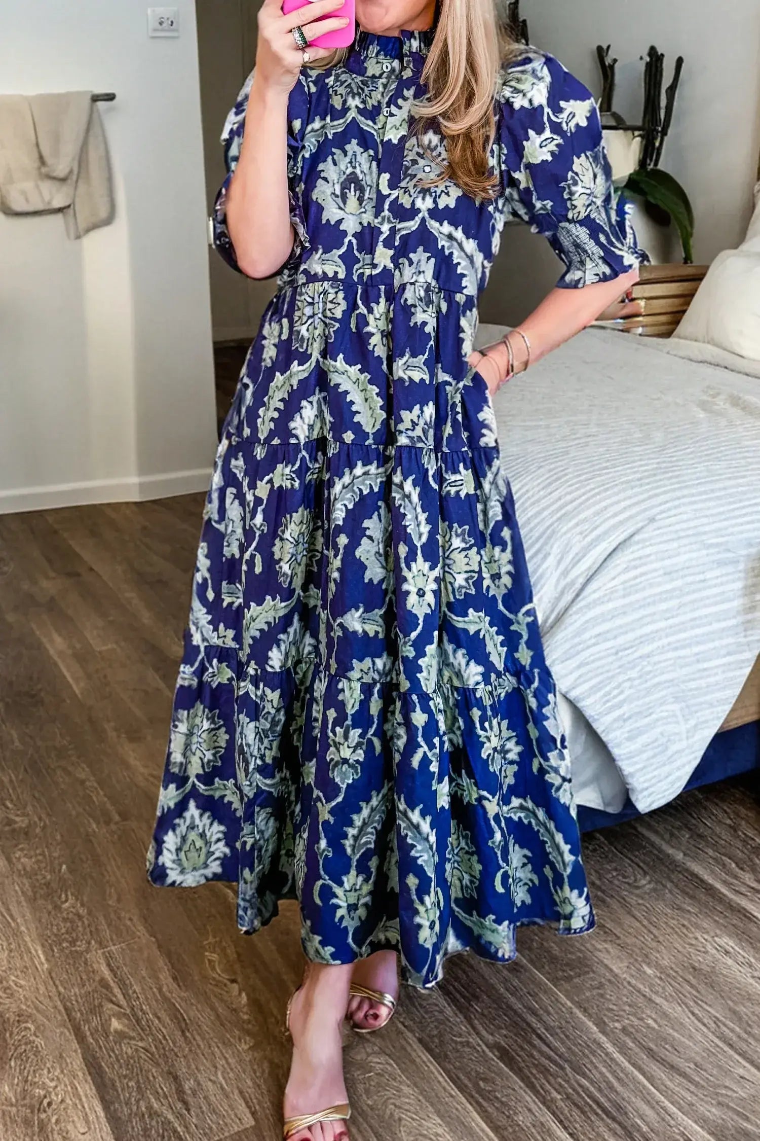 Blue Wild Floral Print Frilled Collar Half Sleeve Long Dress - Sweet Fashion Wholesale