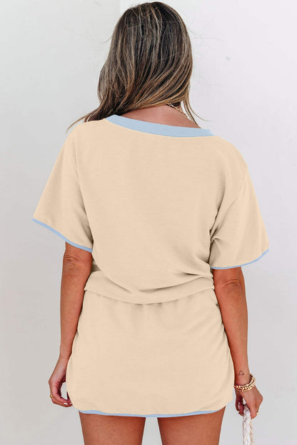 Apricot Colorblock Edge Drop Shoulder T Shirt and Skort 2Pcs Set